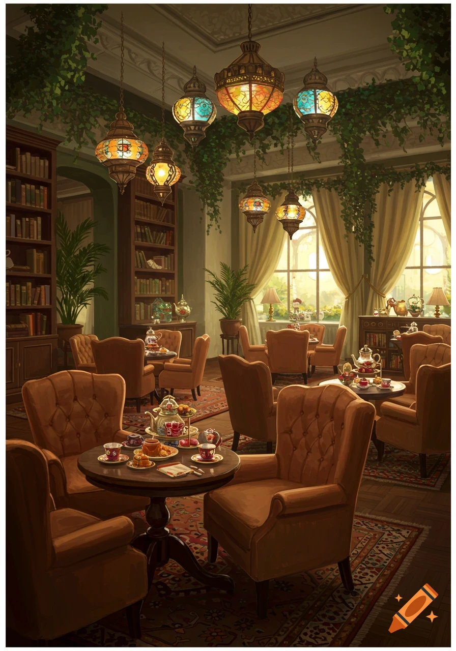 A warmly lit, cozy tea lounge with comfortable armchairs, tables, bookshelves, large windows, and ornate hanging lanterns. Illustrated.
