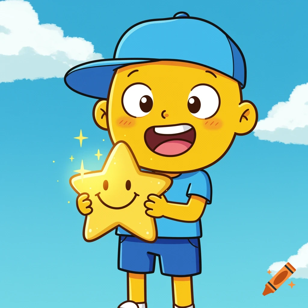 A cartoon boy with yellow skin, a blue cap, and blue clothes holds a sparkling yellow star with a smiley face under a blue sky.