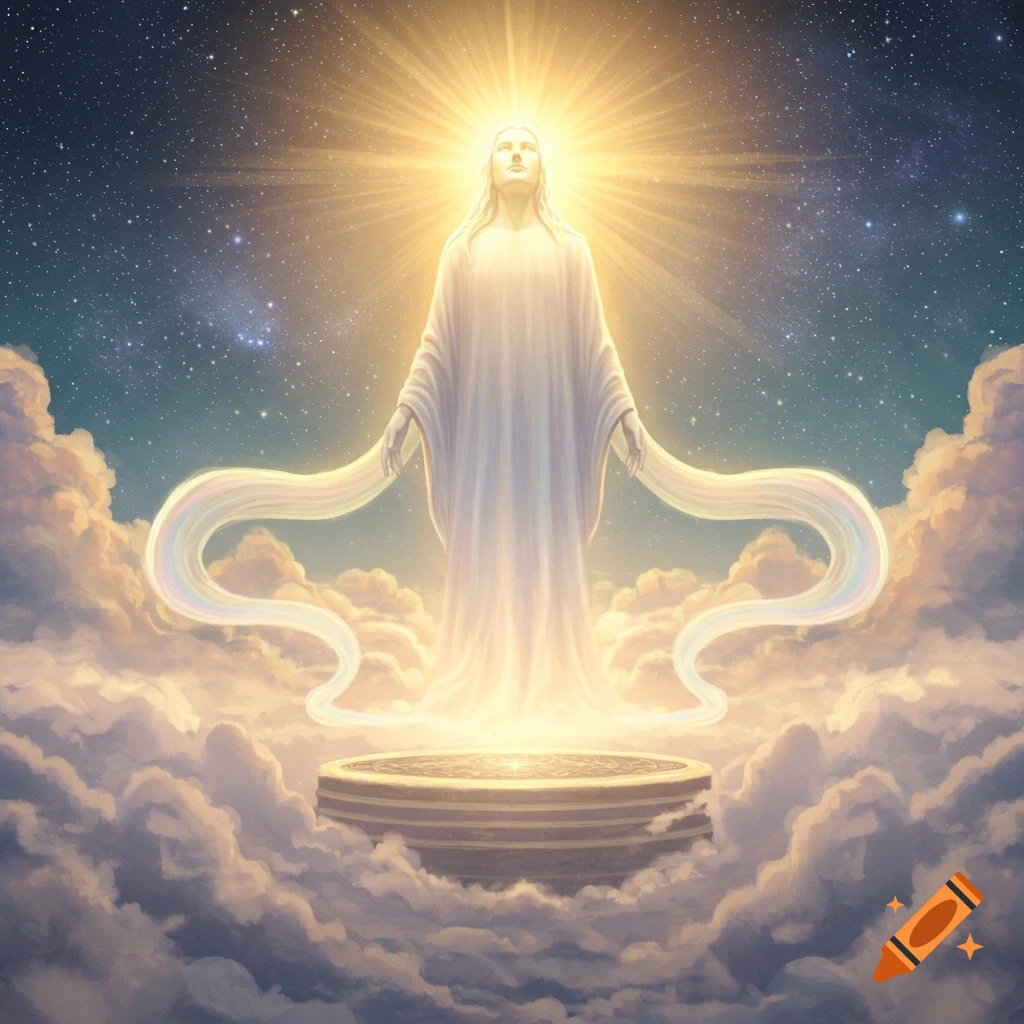 Ethereal figure in white robes stands on a cloud platform under a starry sky, bathed in brilliant light.