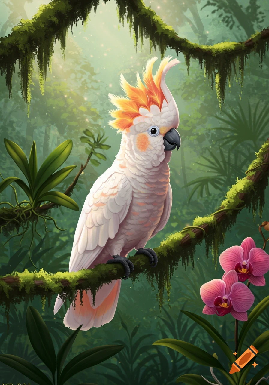 A vibrant illustration of a white cockatoo with an orange crest perched on a mossy branch in a lush jungle with pink orchids.