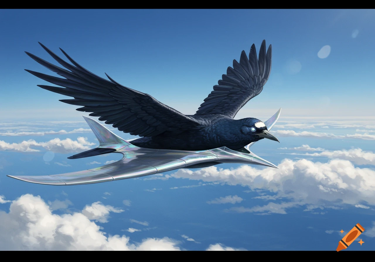 A futuristic black bird with glowing blue eyes, integrated with a sleek silver aircraft, flies through a bright blue sky with white clouds.