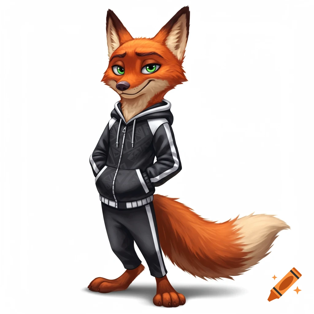 A Zootopia-style anthropomorphic fox with green eyes, wearing a black and white hoodie and pants, standing on a white background.