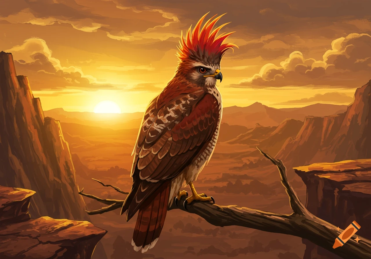 A stylized hawk with a vibrant red mohawk perches on a branch, silhouetted against a golden desert sunset with mountains.