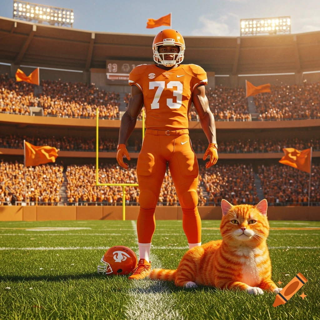 A football player in an orange uniform with the number 73 stands on a field next to a ginger cat in a stadium filled with fans.