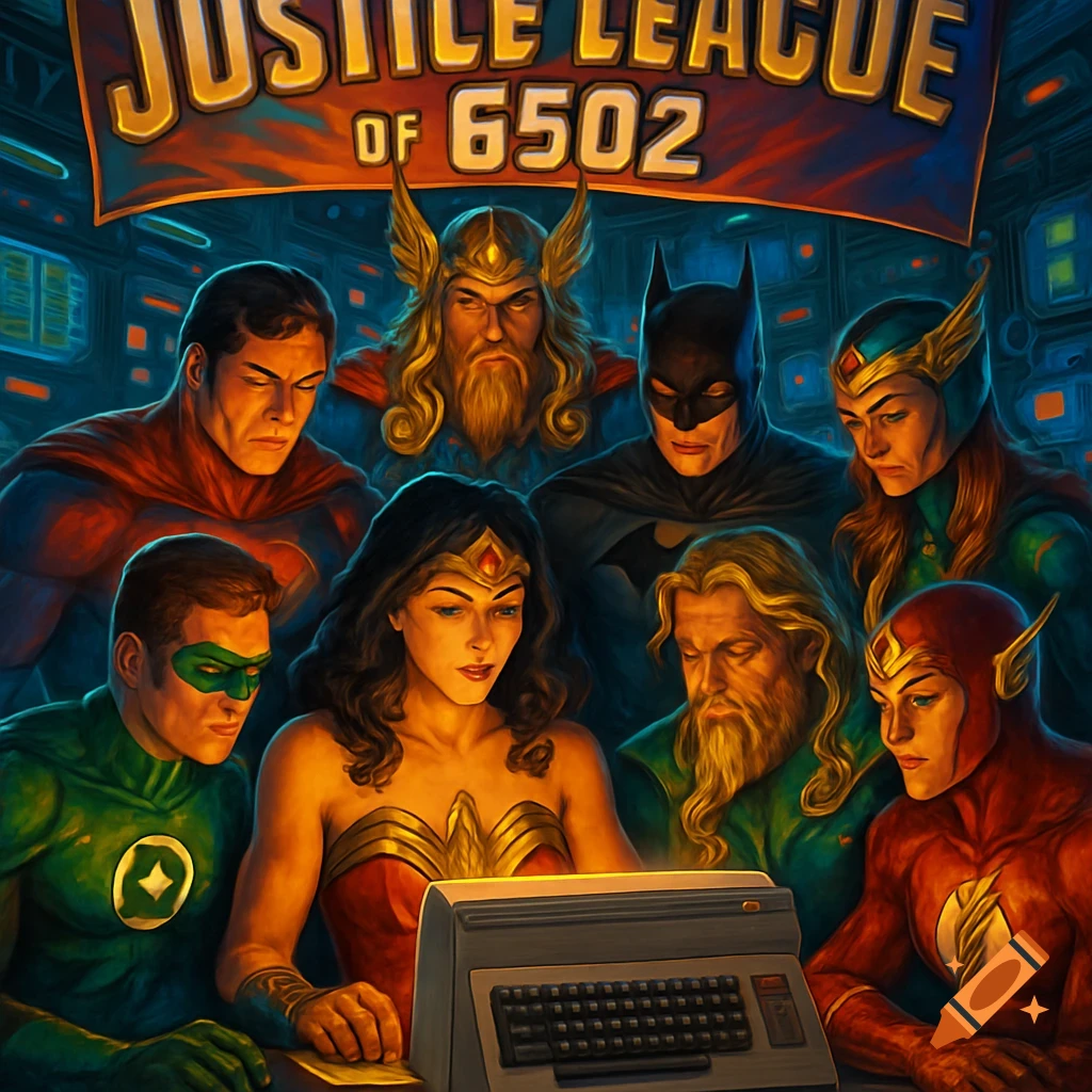 Comic art of superheroes like Wonder Woman, Batman, and Superman gathered around a retro computer, under a banner 'Justice League of 6502'.