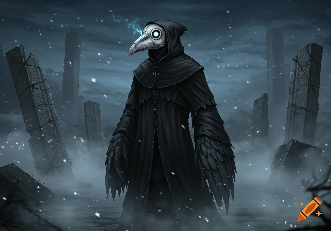 Dark fantasy art of a cloaked plague doctor figure with glowing eyes and a bird mask, standing in misty, snowy ruins.