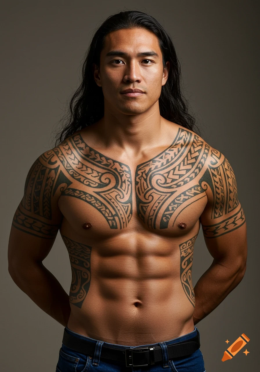 A portrait of a handsome man with long black hair and traditional tribal tattoos on his chest and arms, wearing jeans.
