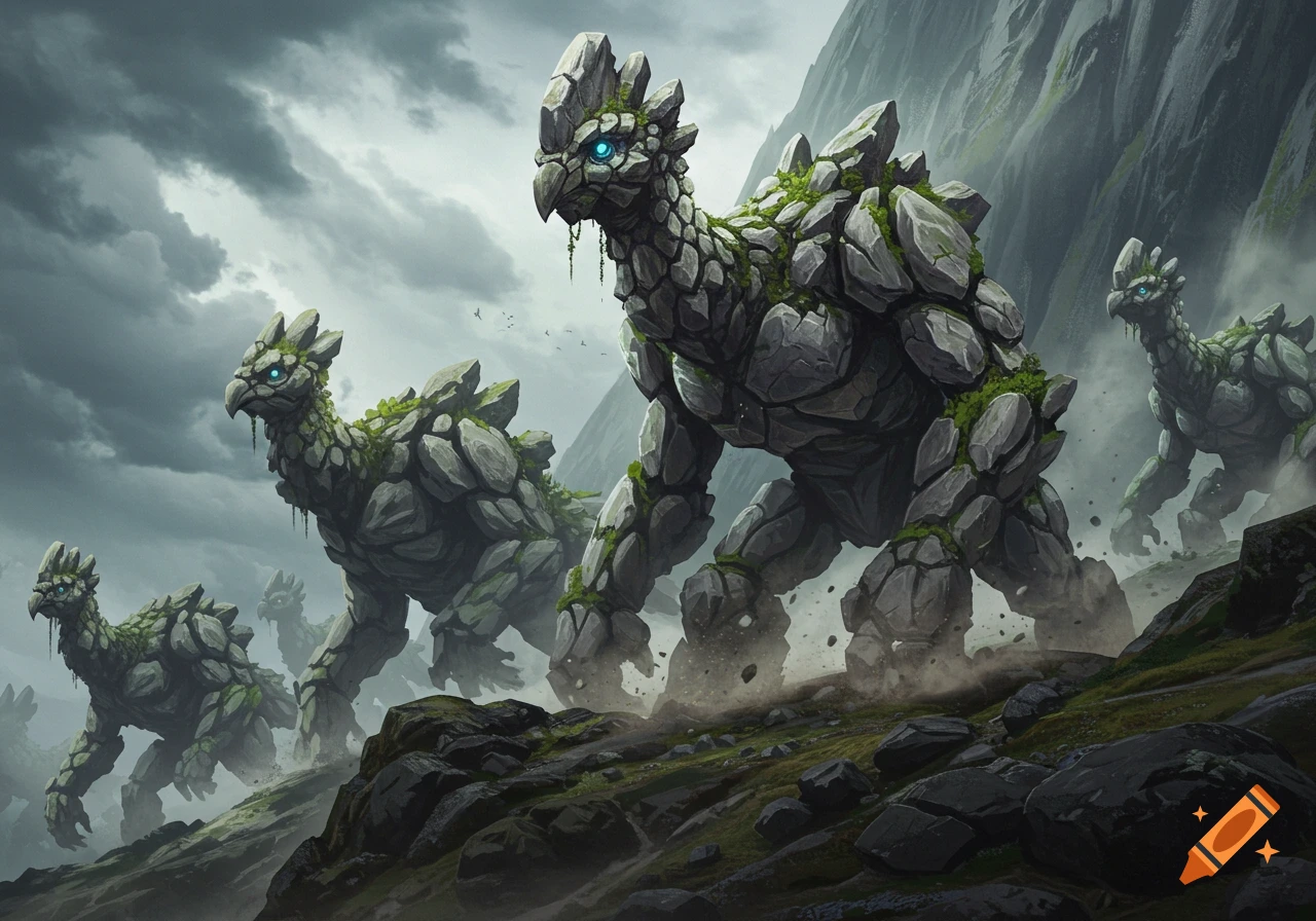 Large, moss-covered rock monsters resembling cassowaries march down a rocky mountain under a cloudy sky in a fantasy art style.
