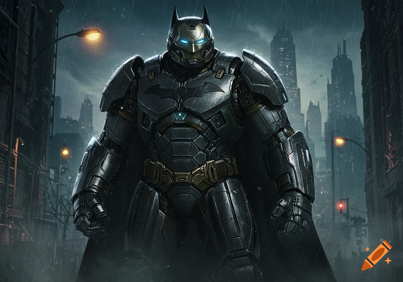 A heavily armored Batman with glowing blue eyes stands on a dark, rainy city street, with skyscrapers and streetlights in the background.