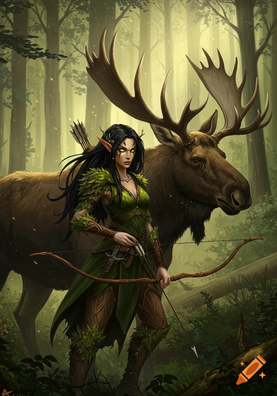 A black-haired wood elf archer in green, leaf-like armor stands in a misty forest with a large moose.
