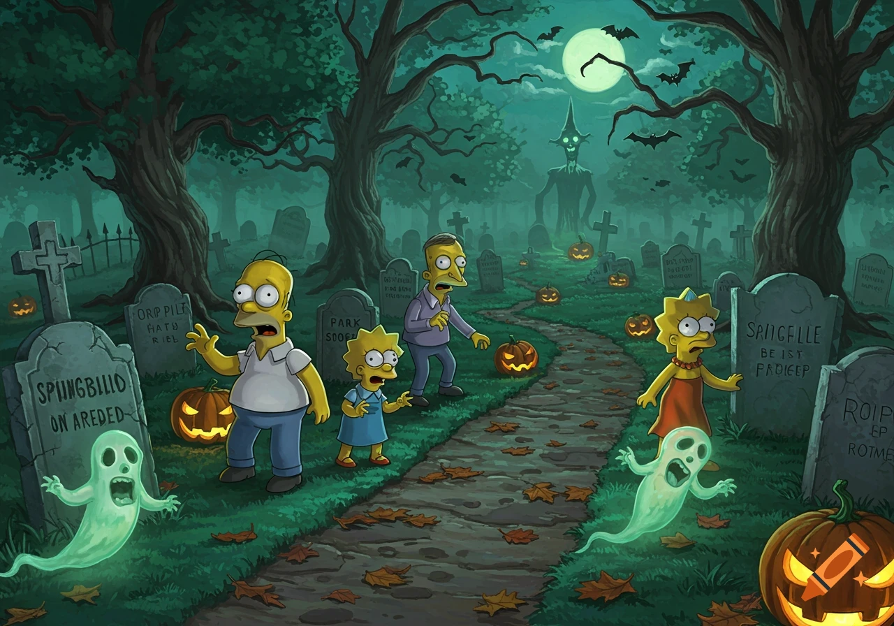 The Simpsons characters Homer, Lisa, and another man appear frightened in a spooky, moonlit cemetery with glowing pumpkins, ghosts, and a large monster.