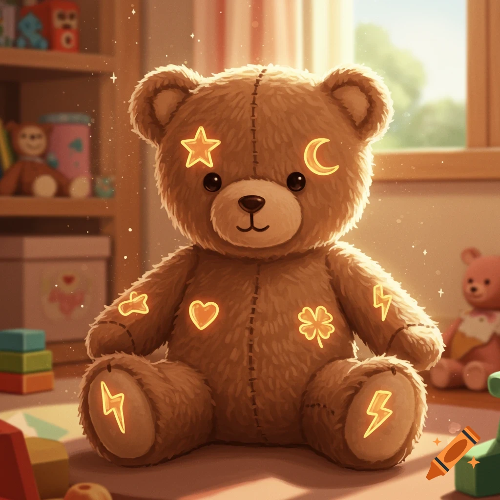 A brown teddy bear with glowing star, moon, heart, clover, and lightning bolt symbols sits in a brightly lit child's room among other toys, illustration style.