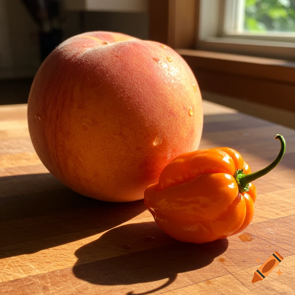 Photorealistic image of a wet peach and an orange habanero pepper on a wooden cutting board by a window.