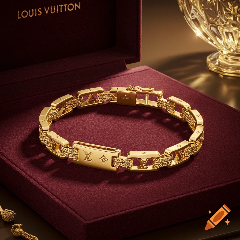 Photorealistic close-up of a gold Louis Vuitton bracelet with decorative links, resting in a red velvet box, with a golden glass in the background.