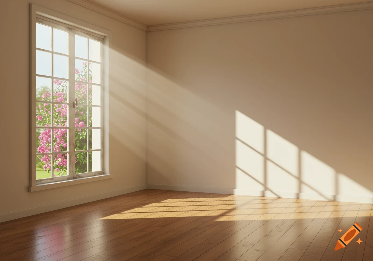 Sunlit empty room with wooden floors and a window view of pink flowers.