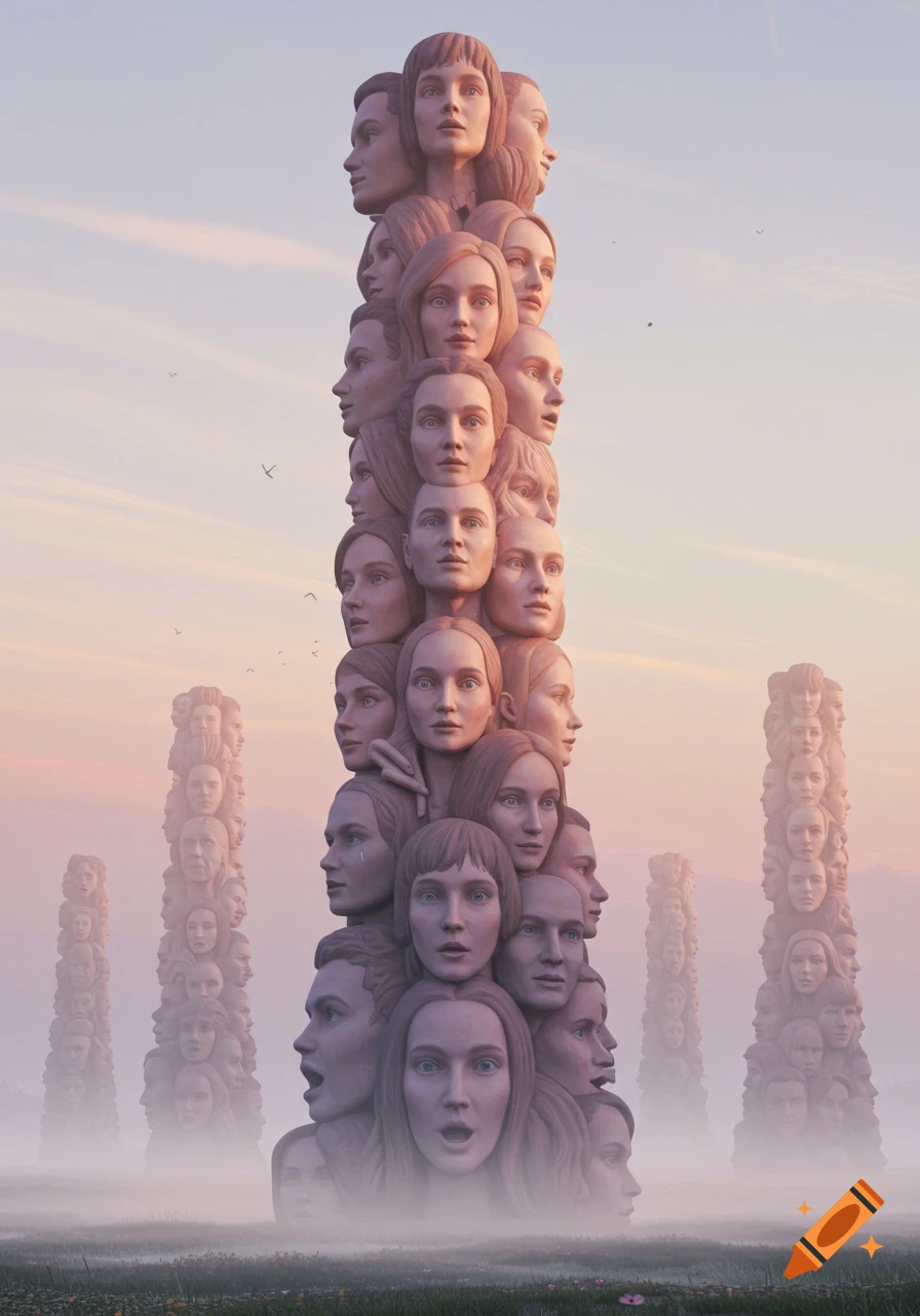 Tall, monumental pillars made of numerous human faces emerge from mist in a field under a pastel sky.