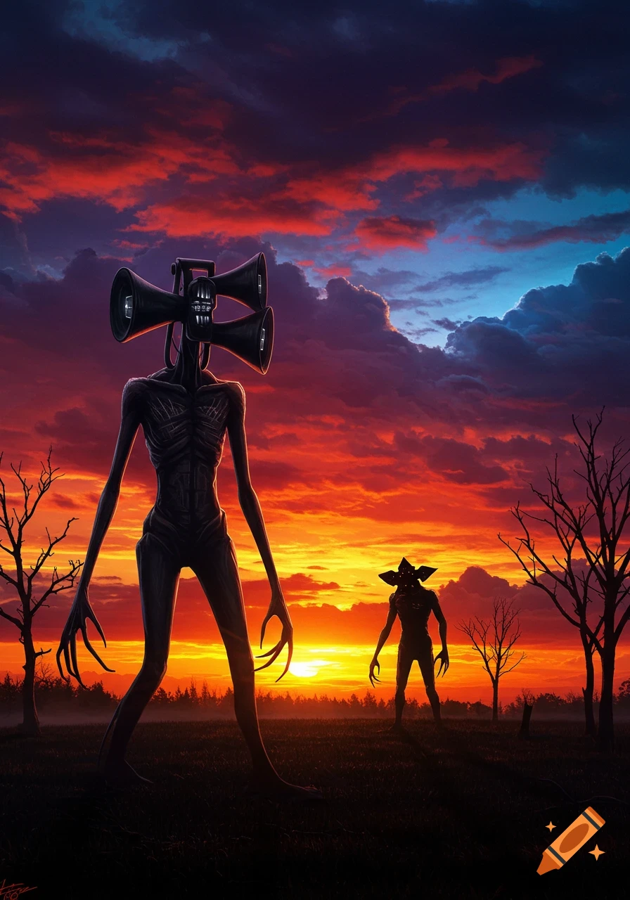 Siren Head and a Demogorgon monster stand in a desolate field with bare trees against a vibrant red and orange sunset.