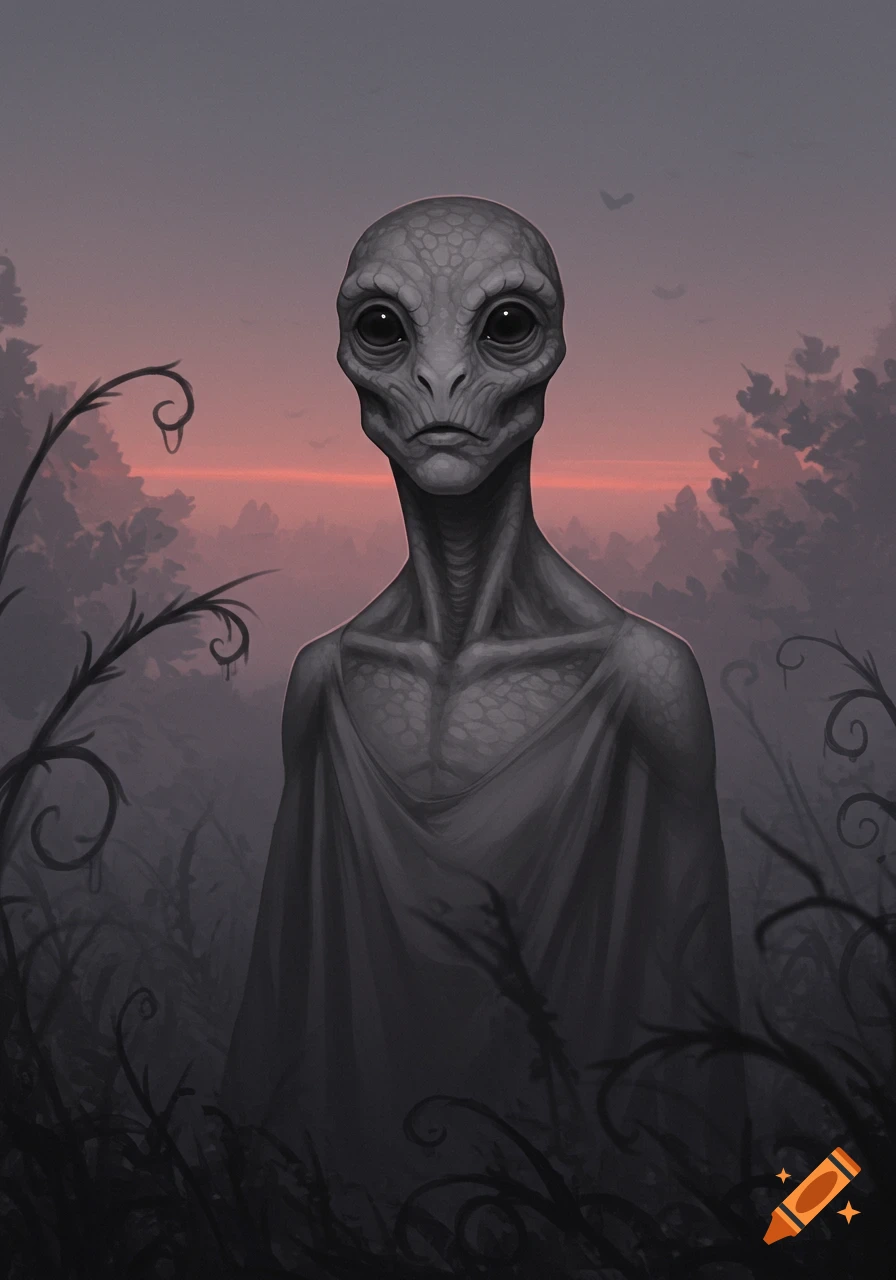 An alien with large black eyes and pale gray, lizard-like skin stands in a dark, misty forest at dusk.