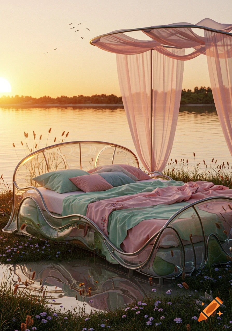 A transparent, wavy bed with pastel pink and mint green bedding, topped with pink curtains, sits by a serene lake at sunset with birds flying in the sky.