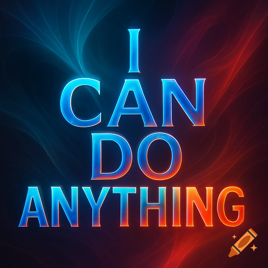 Glowing blue and orange text 'I CAN DO ANYTHING' on an abstract dark background with swirling light effects.