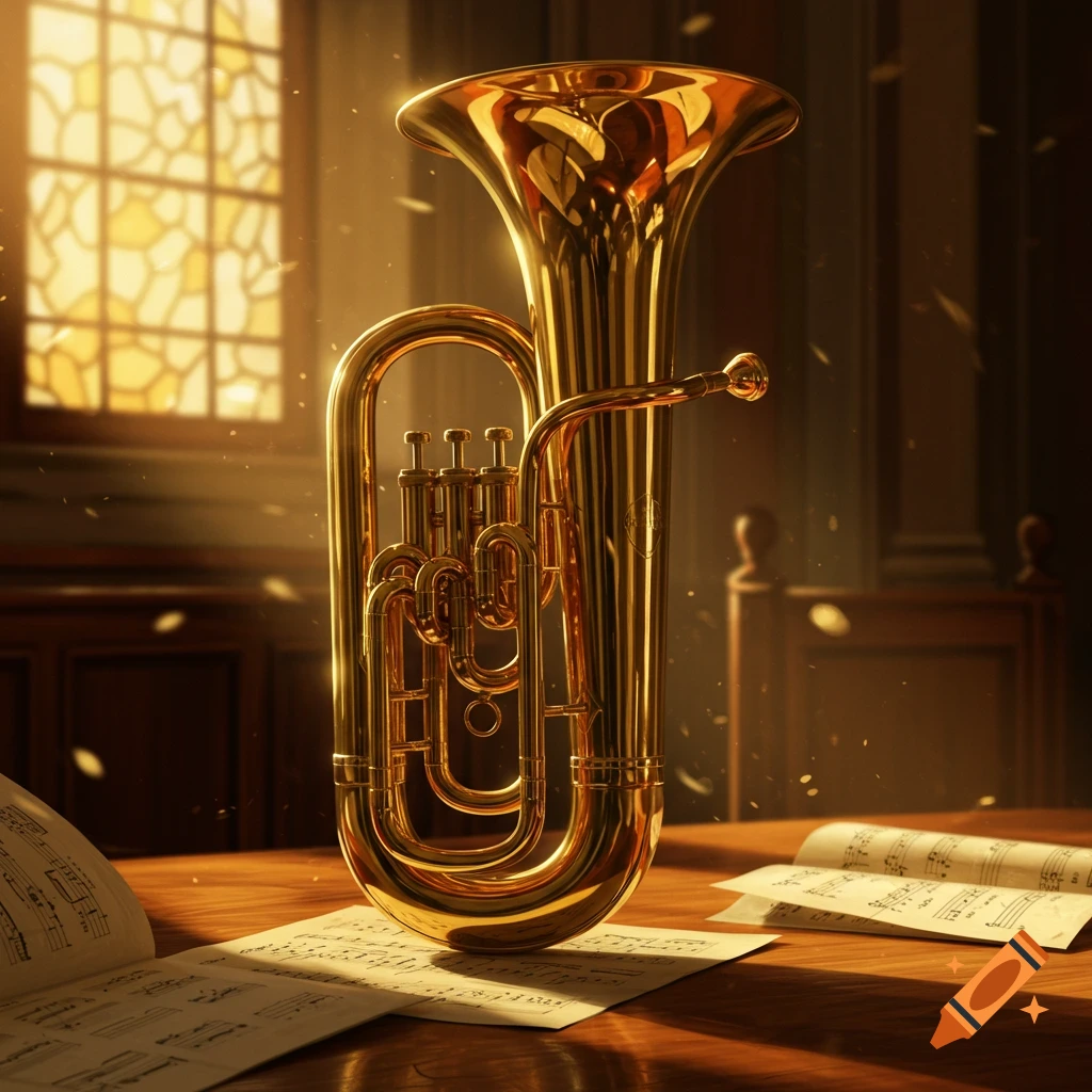 A golden euphonium sits on a wooden table with sheet music, illuminated by warm light from a stained glass window.