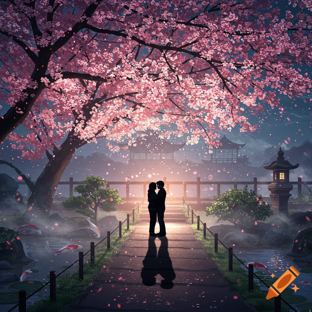Romantic illustration of a couple embracing under a cherry blossom tree in a Japanese garden at night with koi fish and traditional architecture.