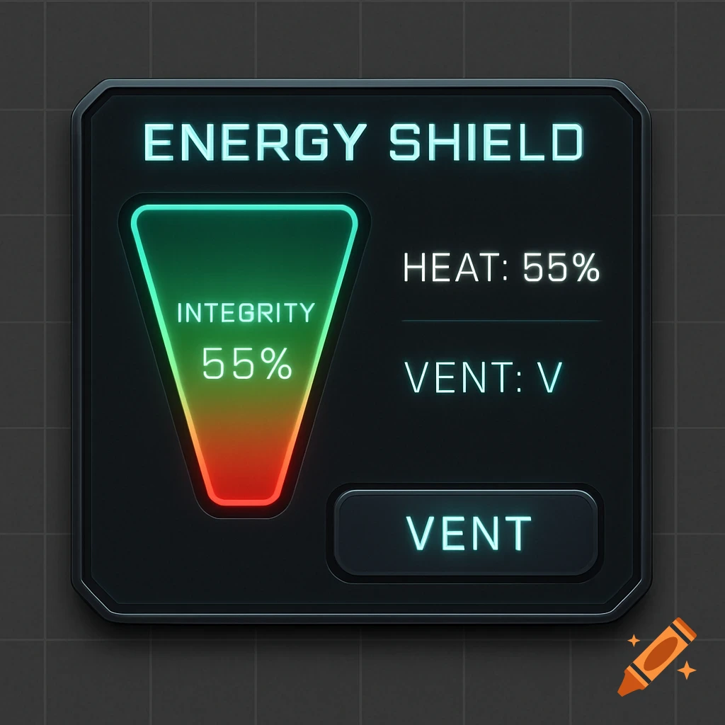 Futuristic energy shield UI widget displaying integrity 55%, heat 55%, and a vent button, on a dark grid background.
