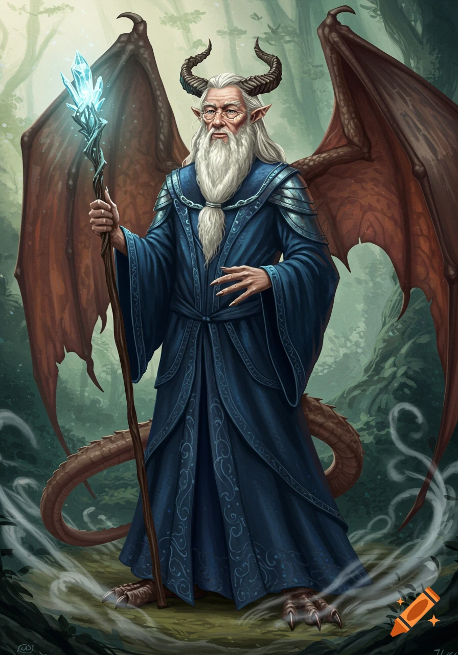 An old, bearded dragonborn wizard in a blue robe, with horns and wings, holds a glowing crystal staff in a magical forest.