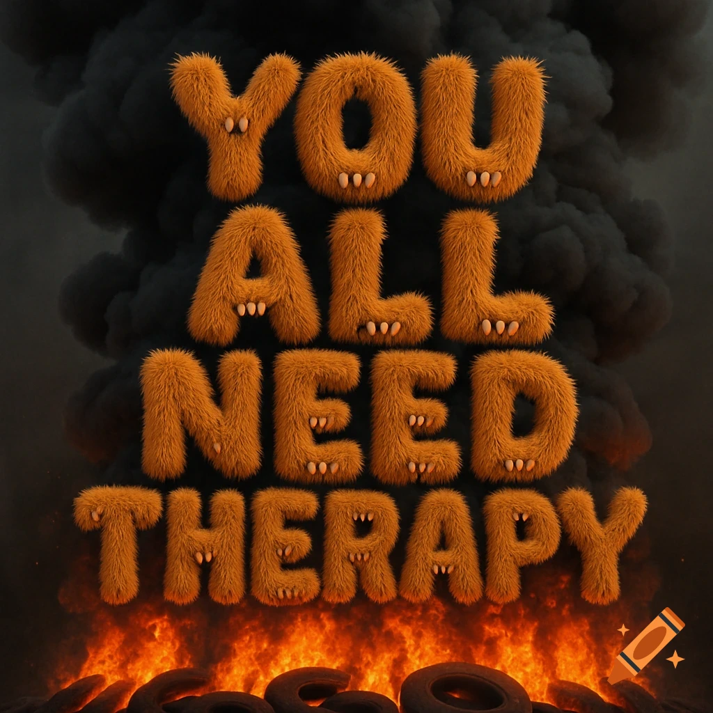 Fluffy orange letters with teeth spell 'YOU ALL NEED THERAPY' against a dark background of smoke and burning tires.