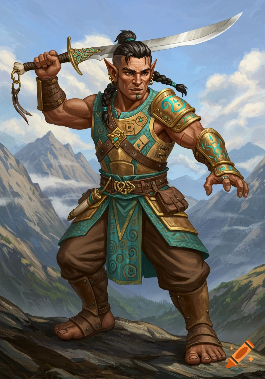A muscular, dark-haired fantasy warrior with pointed ears and a curved sword stands in a mountainous landscape, wearing ornate gold and teal armor.