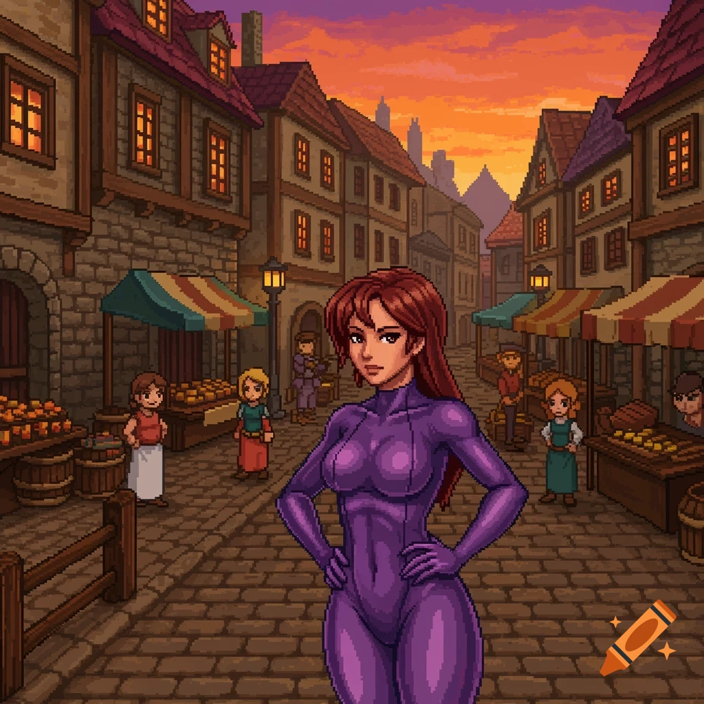 A pixel art image of a woman in a purple leotard standing in a bustling market street at sunset.
