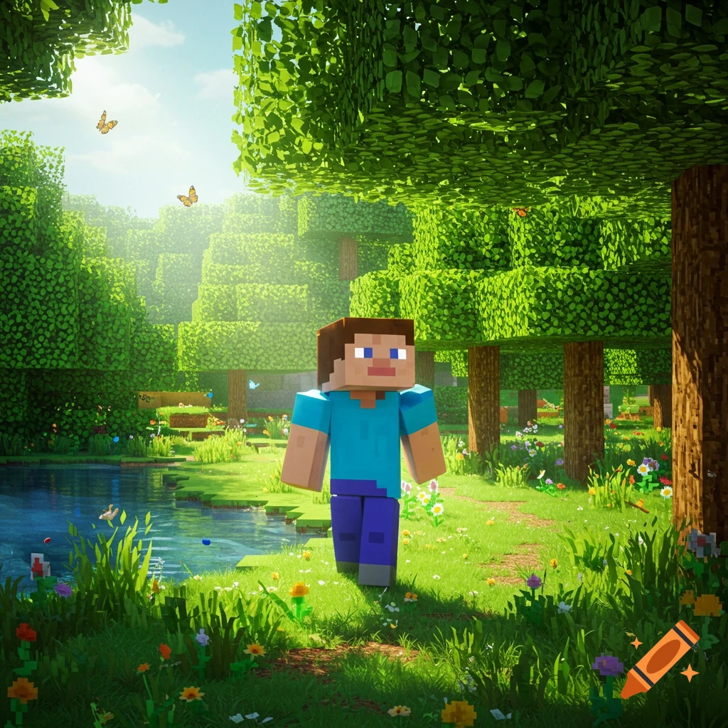 A Minecraft character, Steve, walks through a sunlit, lush green park with a pond, trees, and butterflies.