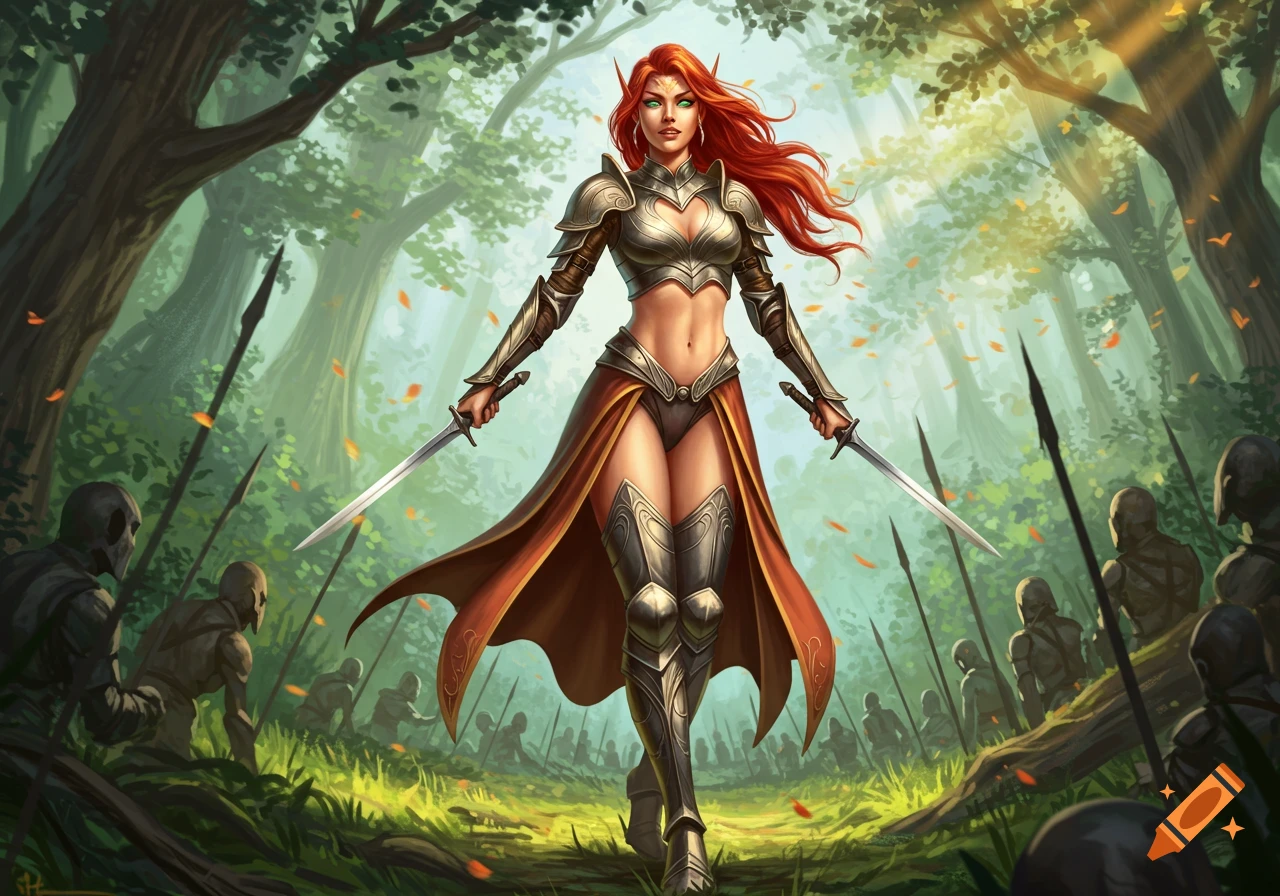 A red-haired elf warrior in ornate armor holding two swords stands victoriously in a sunlit forest among fallen spear-wielding foes.