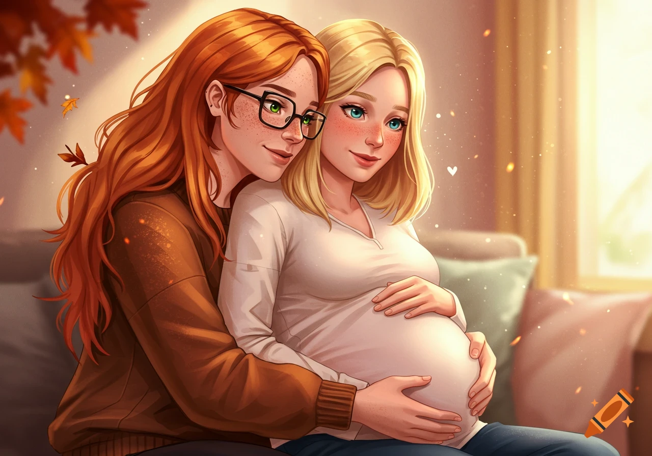A red-haired woman with glasses cuddles her pregnant blonde girlfriend in a cozy, autumnal digital illustration.