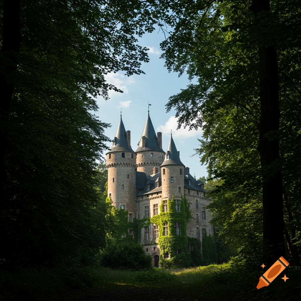 A grand stone castle with multiple turrets and ivy-covered walls, framed by a dense green forest under a blue sky.