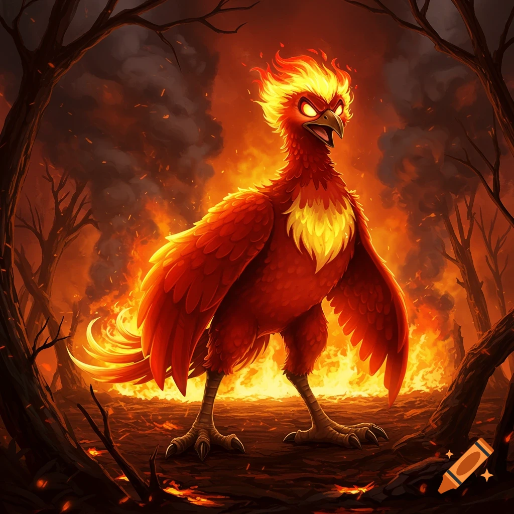 A majestic, fiery red phoenix with a yellow flaming mane stands in a burning forest with dark smoke, illustrated.