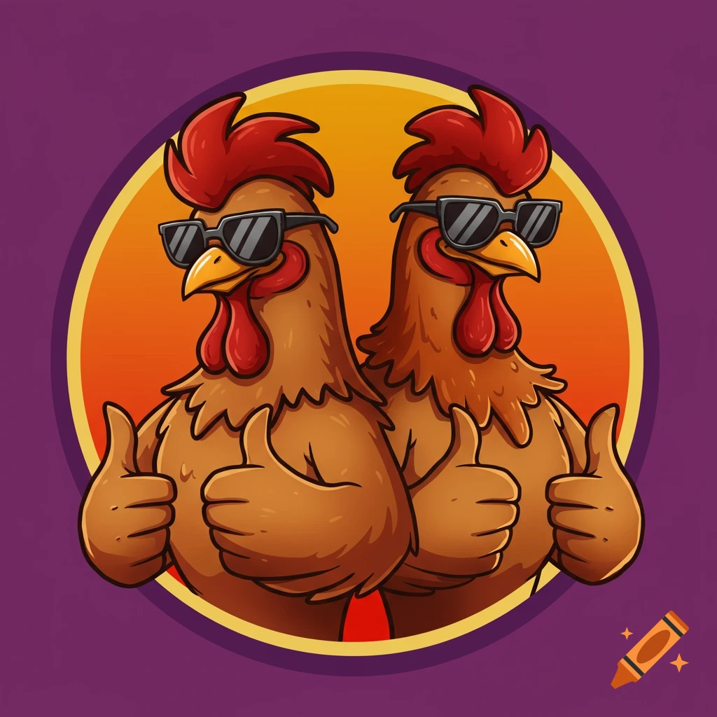 Two cool cartoon roosters wearing sunglasses stand back-to-back, giving thumbs up. They are framed within an orange circle on a purple background.