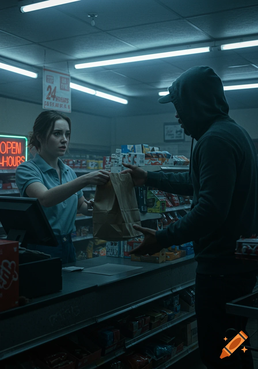 A female cashier in a light blue shirt hands a brown paper bag to a man in a dark hoodie and baseball cap at a dimly lit store counter.