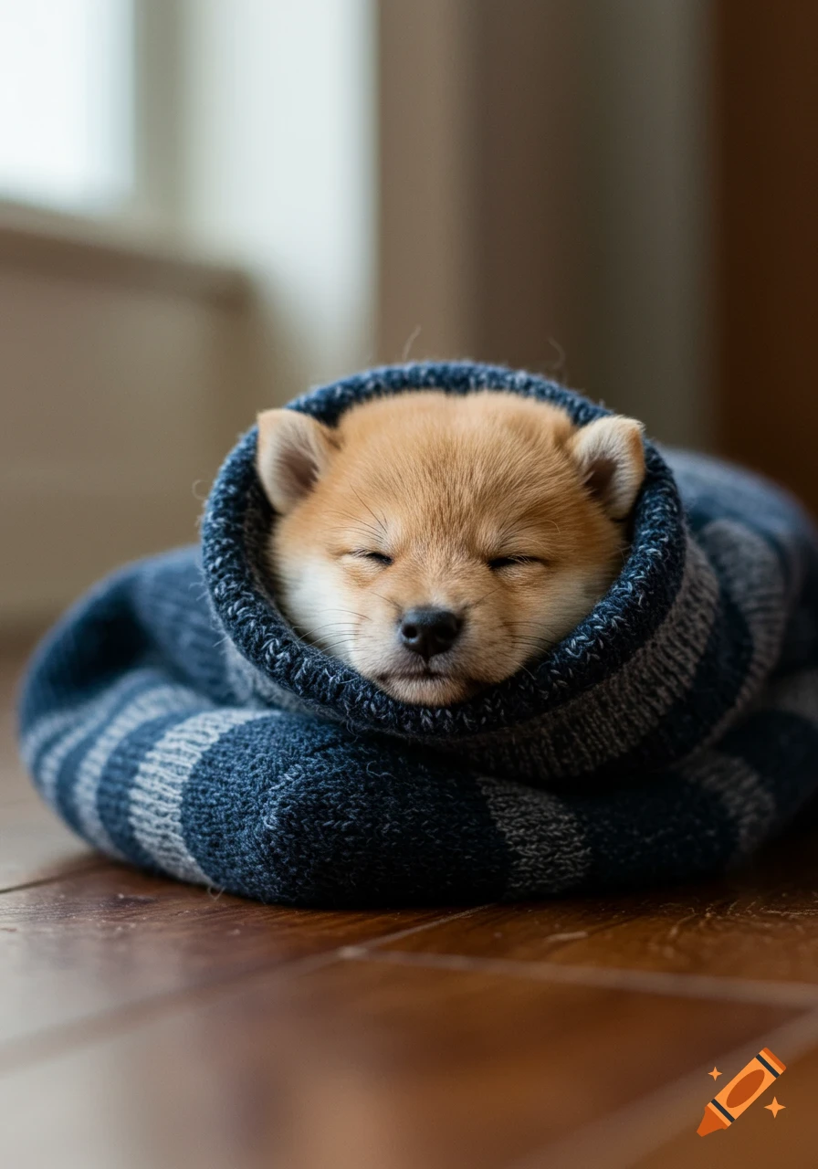 A sleeping Shiba Inu puppy snuggled in a blue and grey striped sock on a wooden floor.