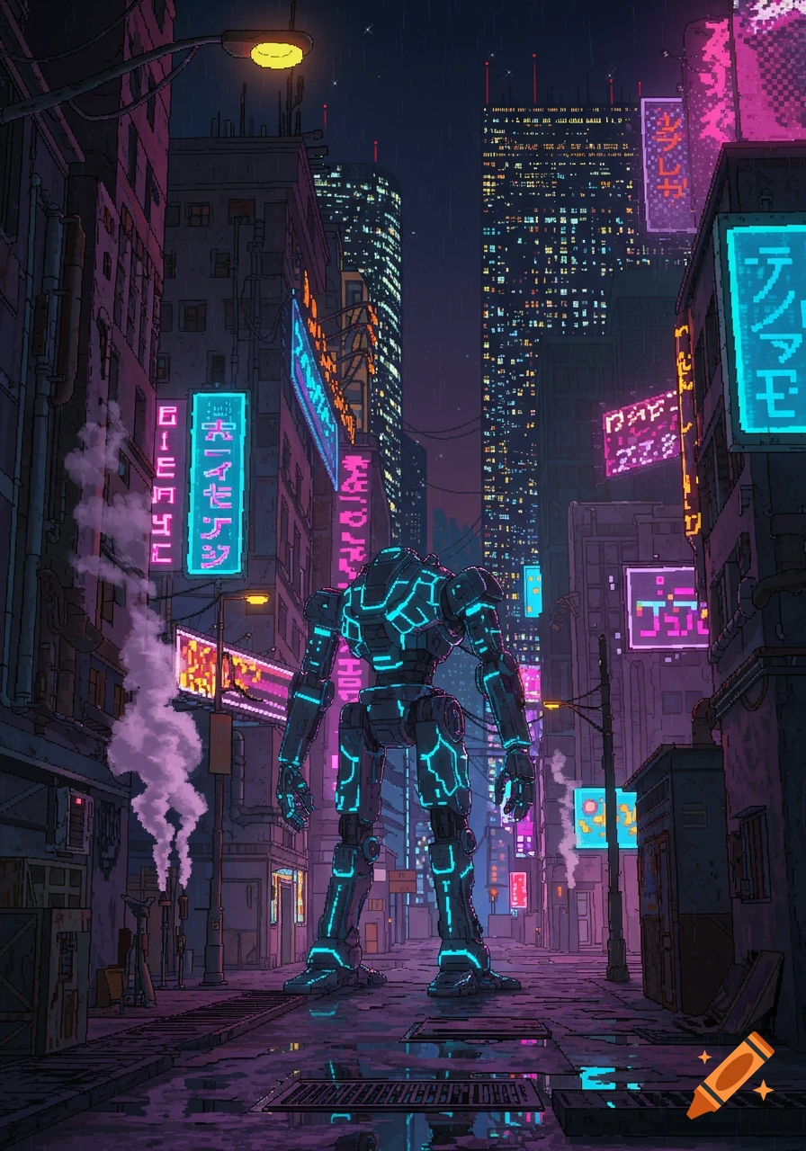 A large, glowing blue pixel art robot stands in a dark, rainy cyberpunk city street filled with neon signs.