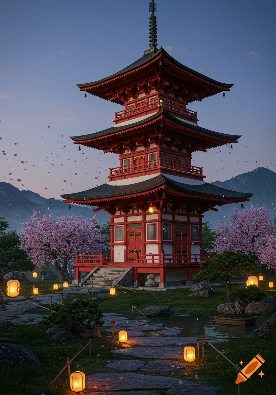 Photorealistic Japanese pagoda with red and white tiers, set in a serene garden with pink cherry blossoms, glowing lanterns, and falling petals at dusk.