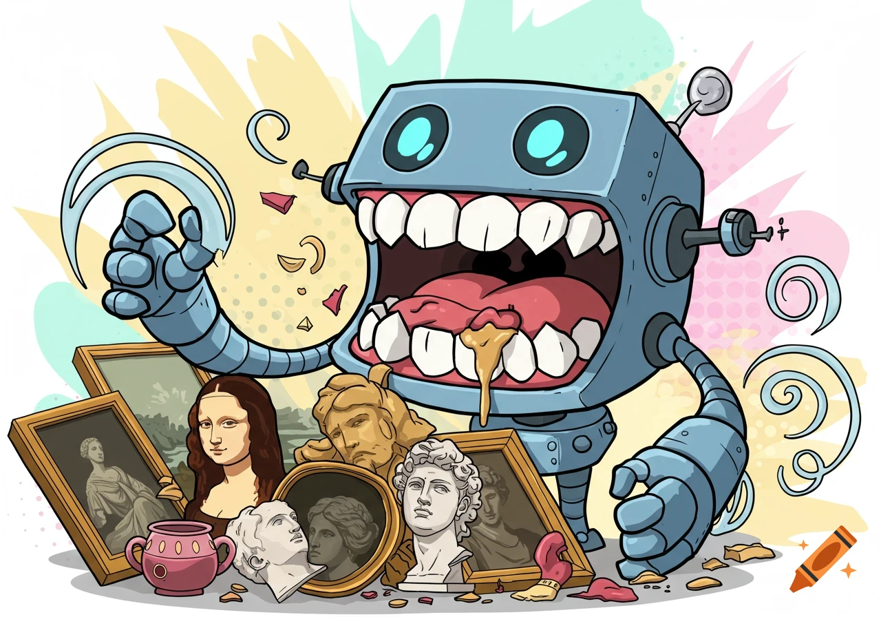 A cartoon robot with sharp teeth, drooling, devouring famous classical artworks like the Mona Lisa painting and marble sculptures.