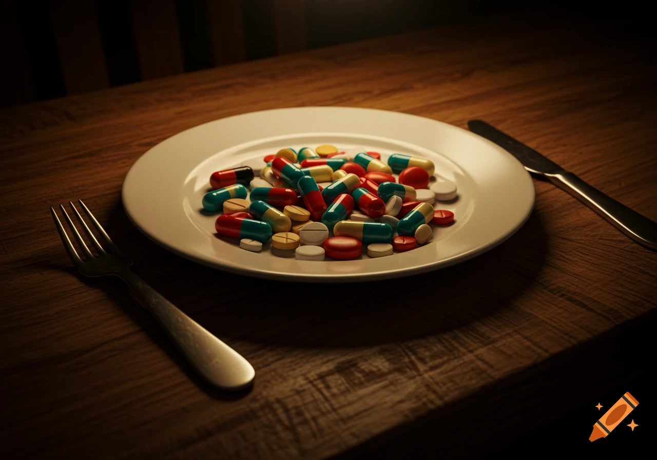 A white plate filled with colorful prescription pills and capsules sits on a wooden table with a fork and knife, photorealistic.