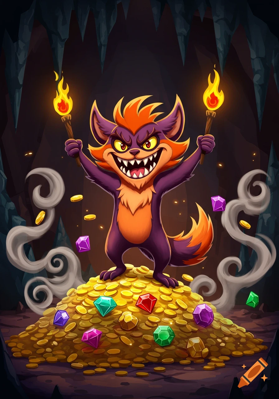 A cartoon fox-like villain with orange and purple fur stands on a treasure pile of gold and gems in a dark cave, holding two lit torches.