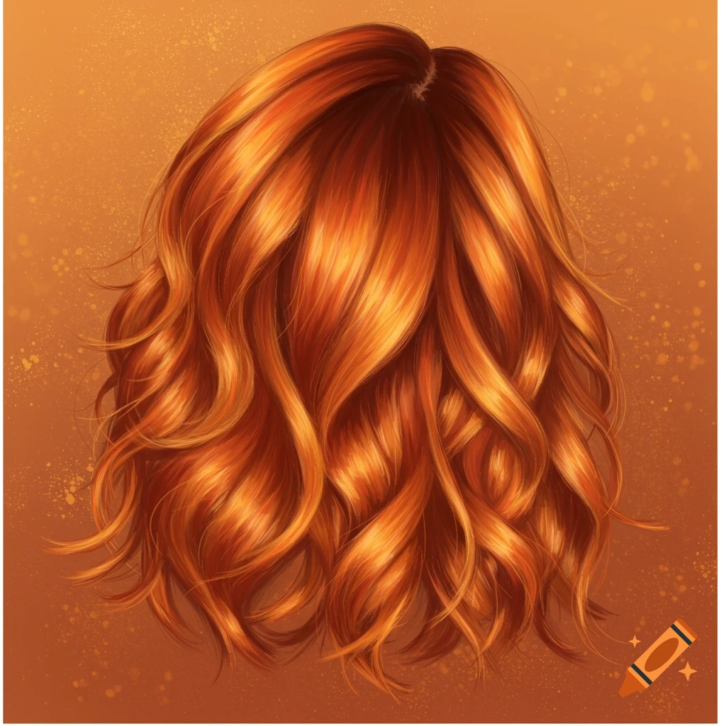 Vibrant, wavy ginger and copper-toned hair with highlights, set against an orange background.