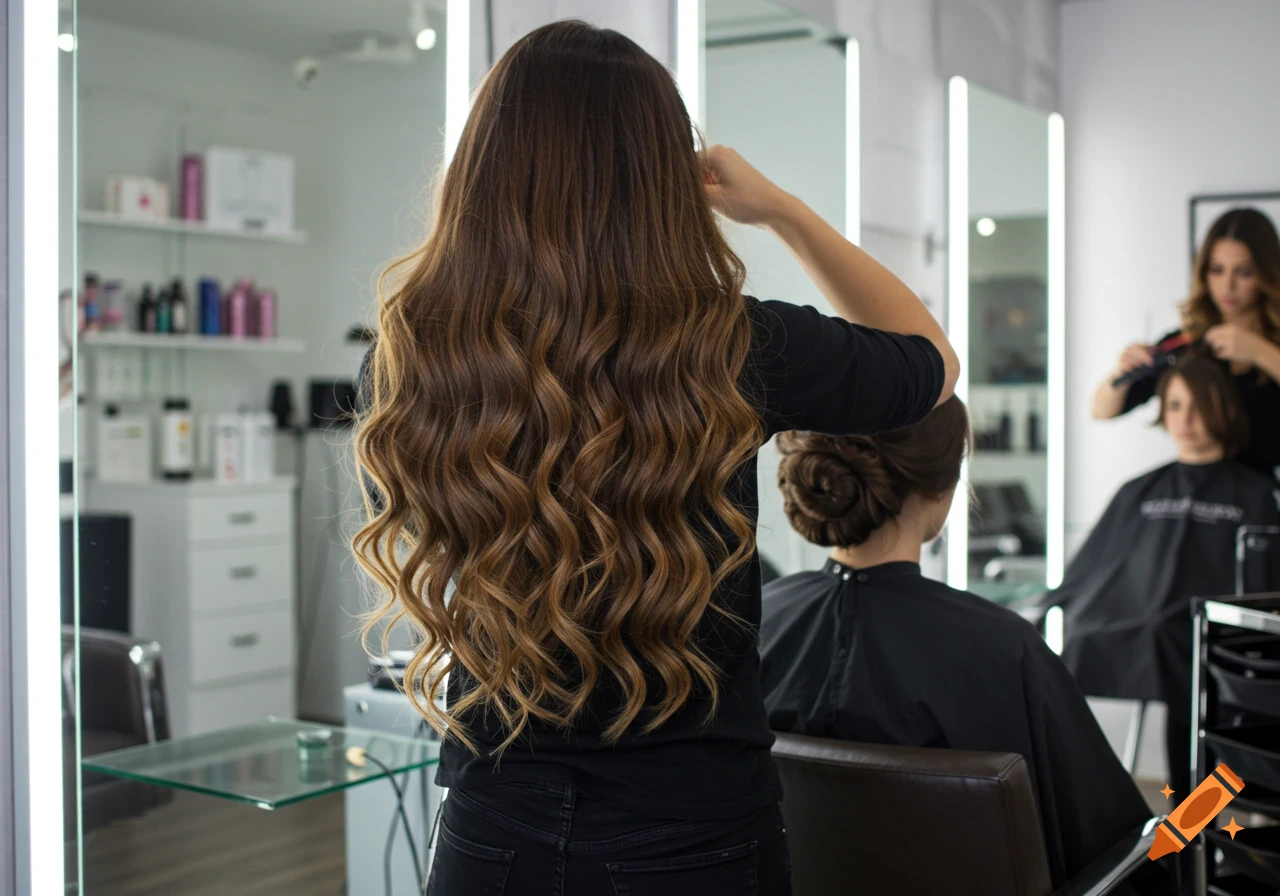 Photorealistic image of a hairstylist with long wavy hair styling a client in a modern salon, viewed from behind.