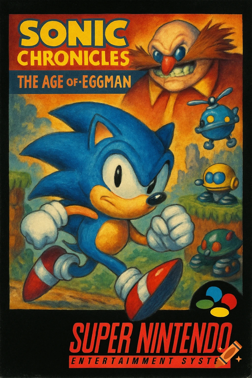 A retro Super Nintendo game cover featuring Sonic the Hedgehog running, Dr. Eggman grinning, and small robots.