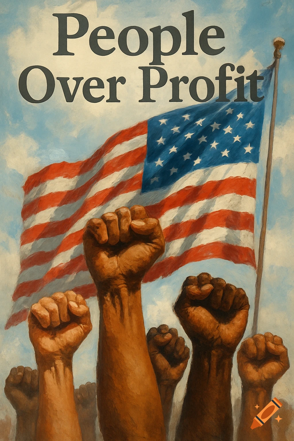 Painterly image of diverse raised fists against an American flag and cloudy sky with the text 'People Over Profit'.
