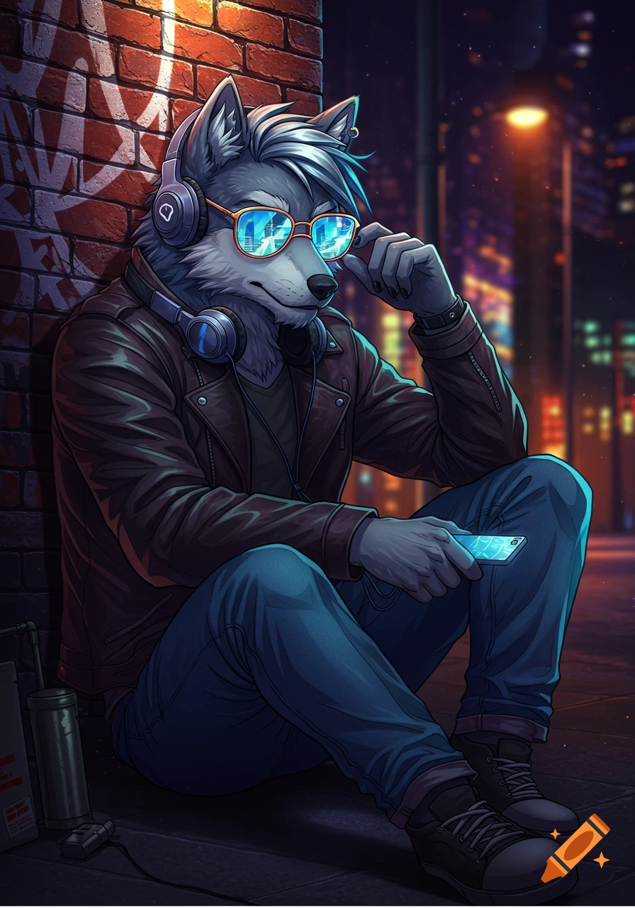 Anime style grey wolf wearing headphones and sunglasses, sitting against a brick wall in a neon-lit city at night.