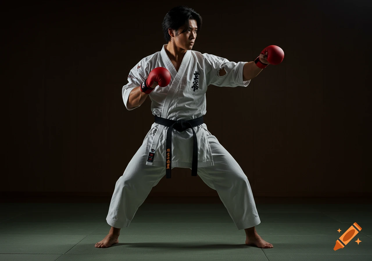 Muscular Japanese man in a white karate gi with torn sleeves, black belt, and red sparring gloves, in a fighting stance.